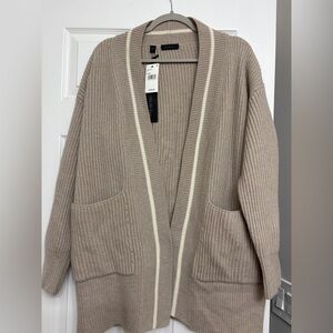 Saks Fifth Avenue Taupe Cardigan with Cream Trim